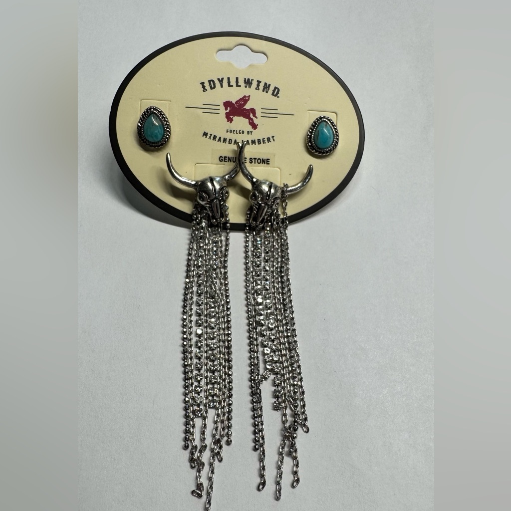 Idyllwind Silver Bull Skull Earrings With Turquoise Accents 20$